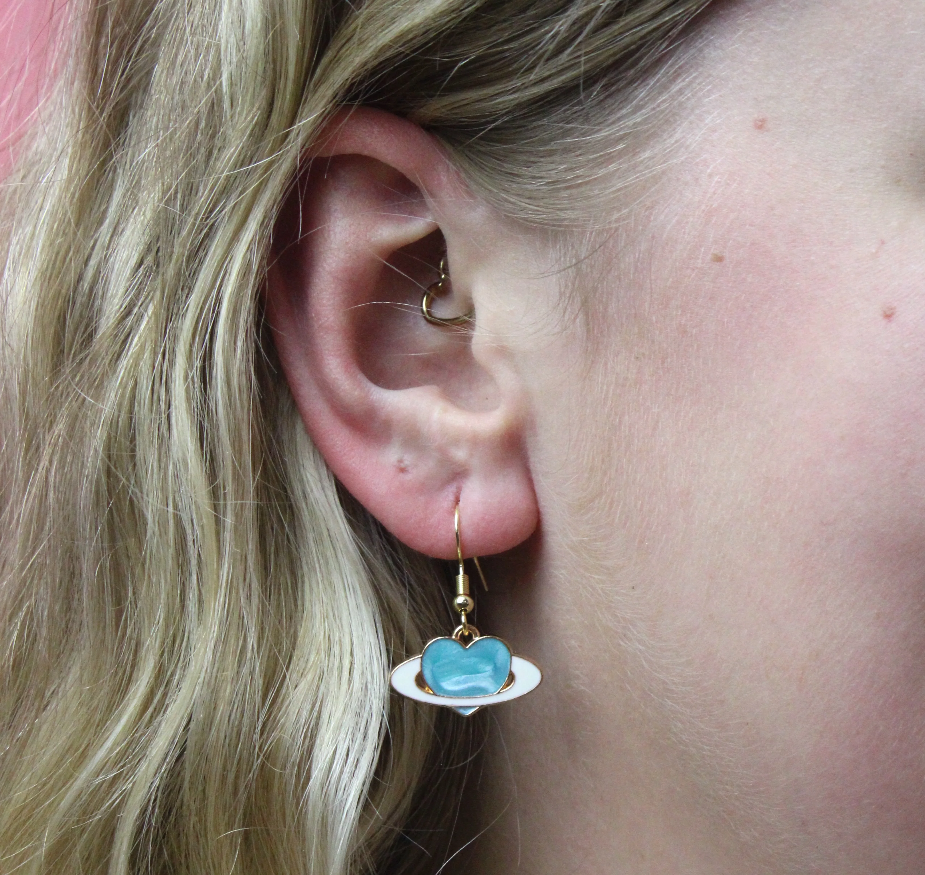 Aqua Heart Planet Drop Earrings - Image 3