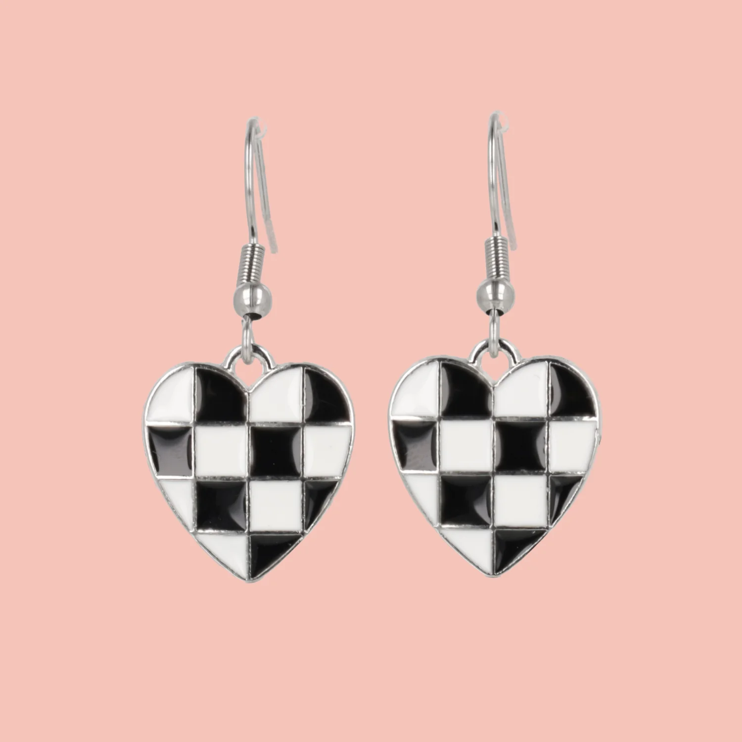 Black & White Heart Checkerboard Earrings (Stainless Steel)