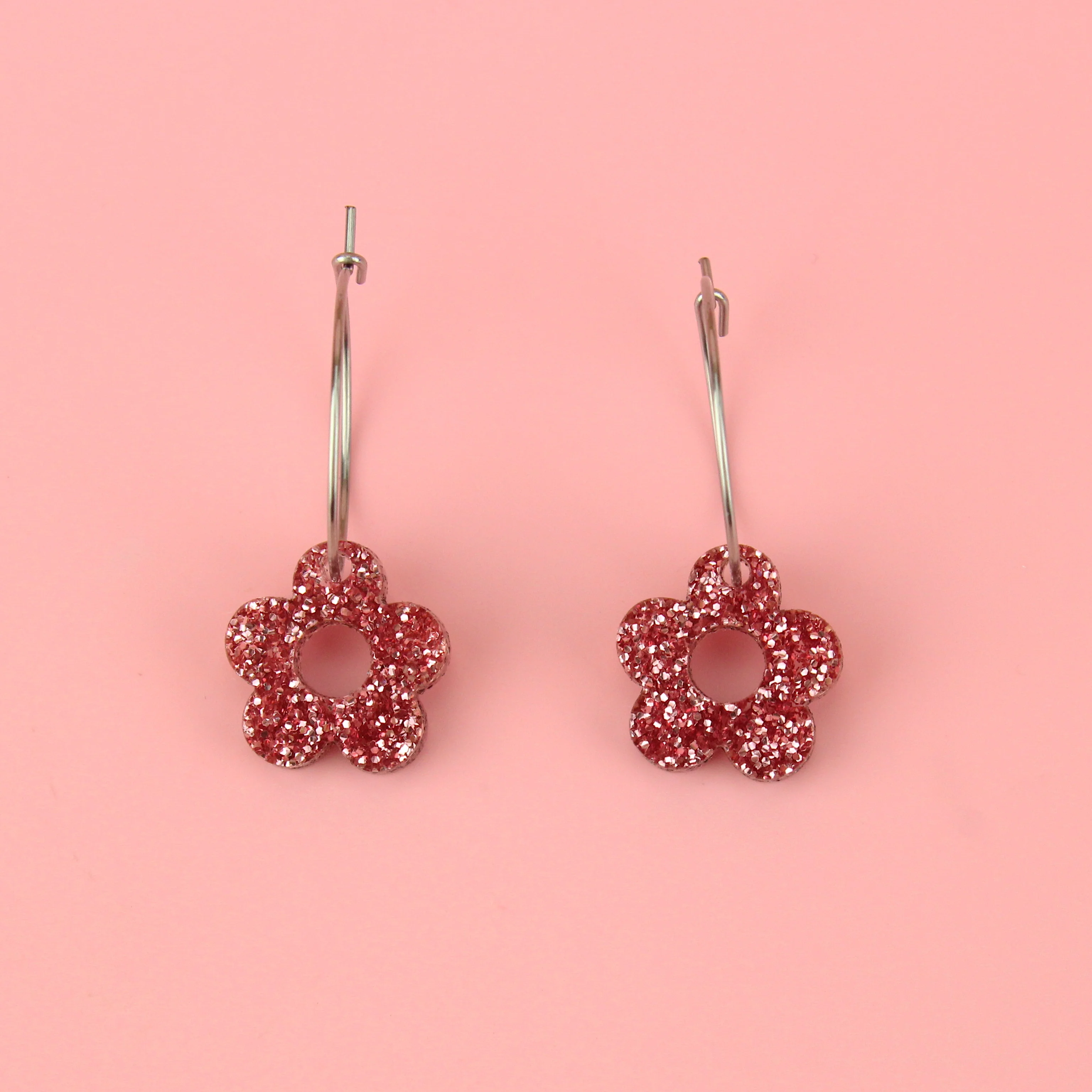 Blooming Botanicals Flower Hoop Earrings (Pink Glitter) - Image 2