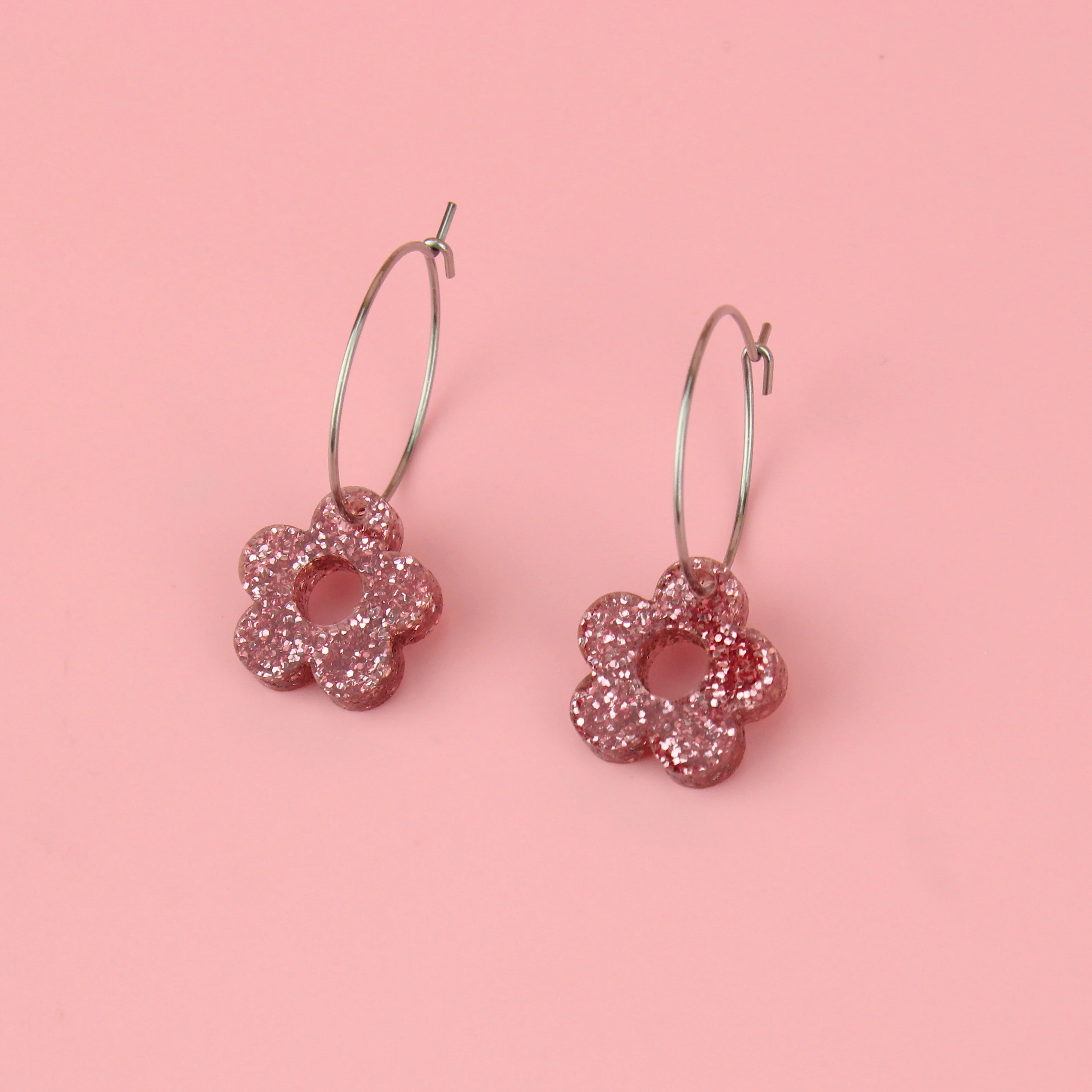 Blooming Botanicals Flower Hoop Earrings (Pink Glitter) - Image 3