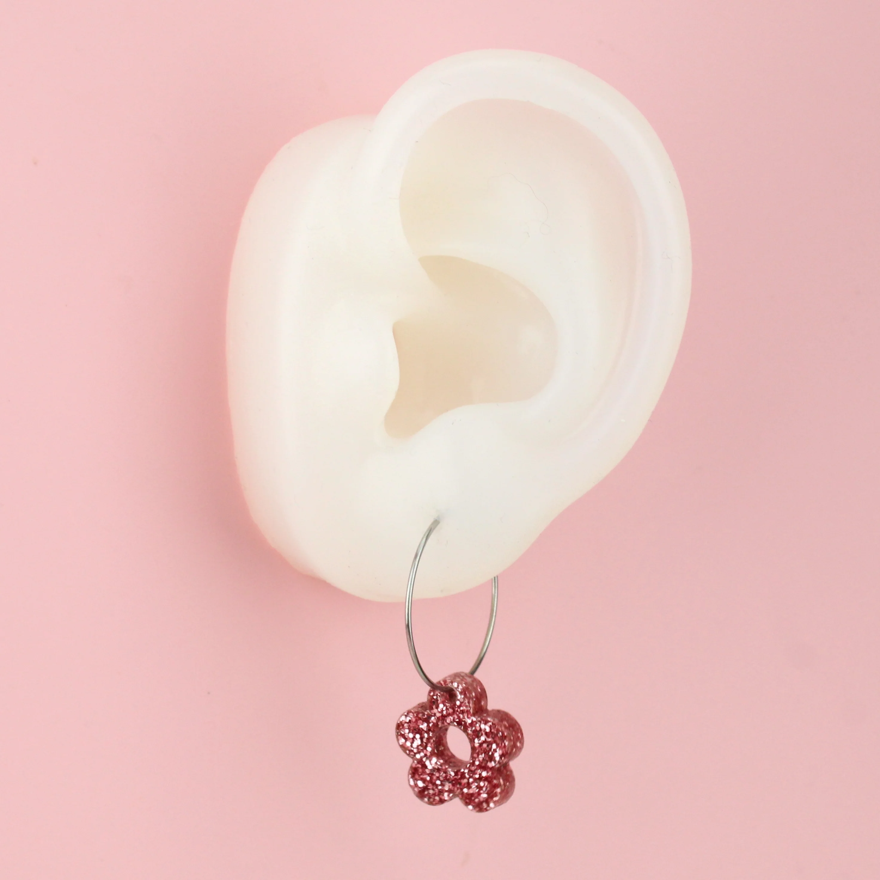 Blooming Botanicals Flower Hoop Earrings (Pink Glitter) - Image 4