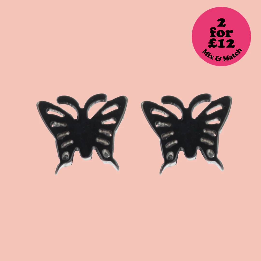 Butterfly Screw On Stud Earrings (Black)