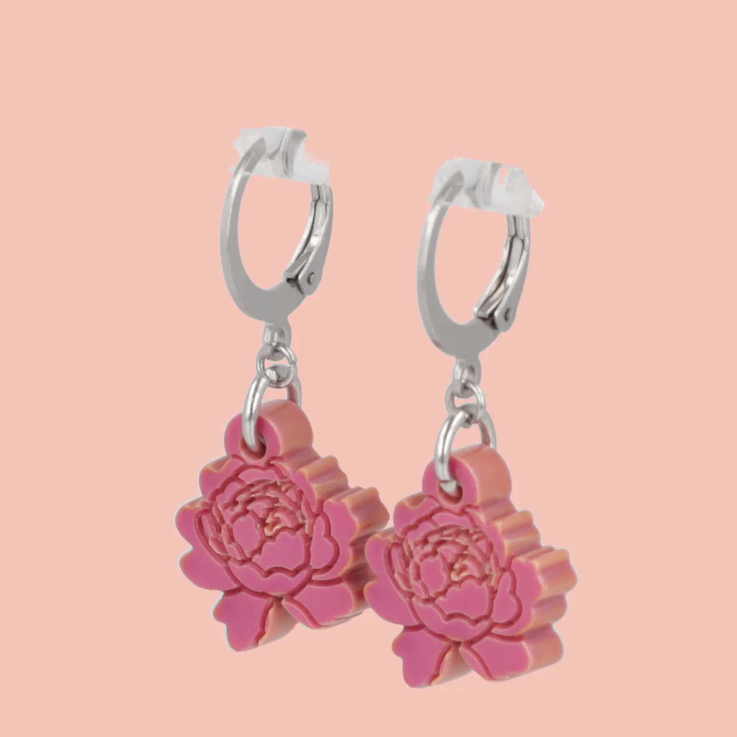 Dark Pink Peony Club Huggie Hoop Earrings - Image 4
