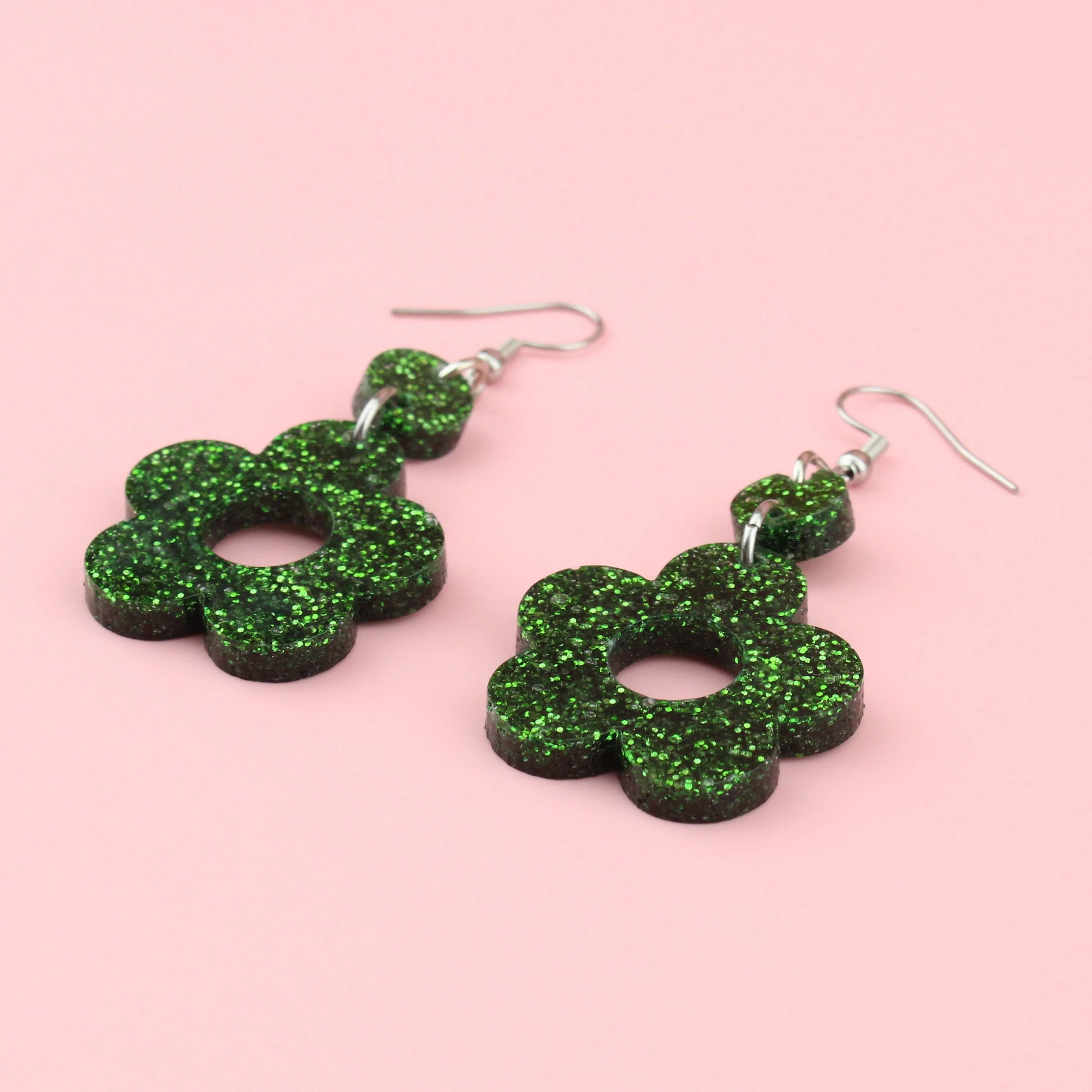 Green Glitter Flower Power Earrings - Image 3