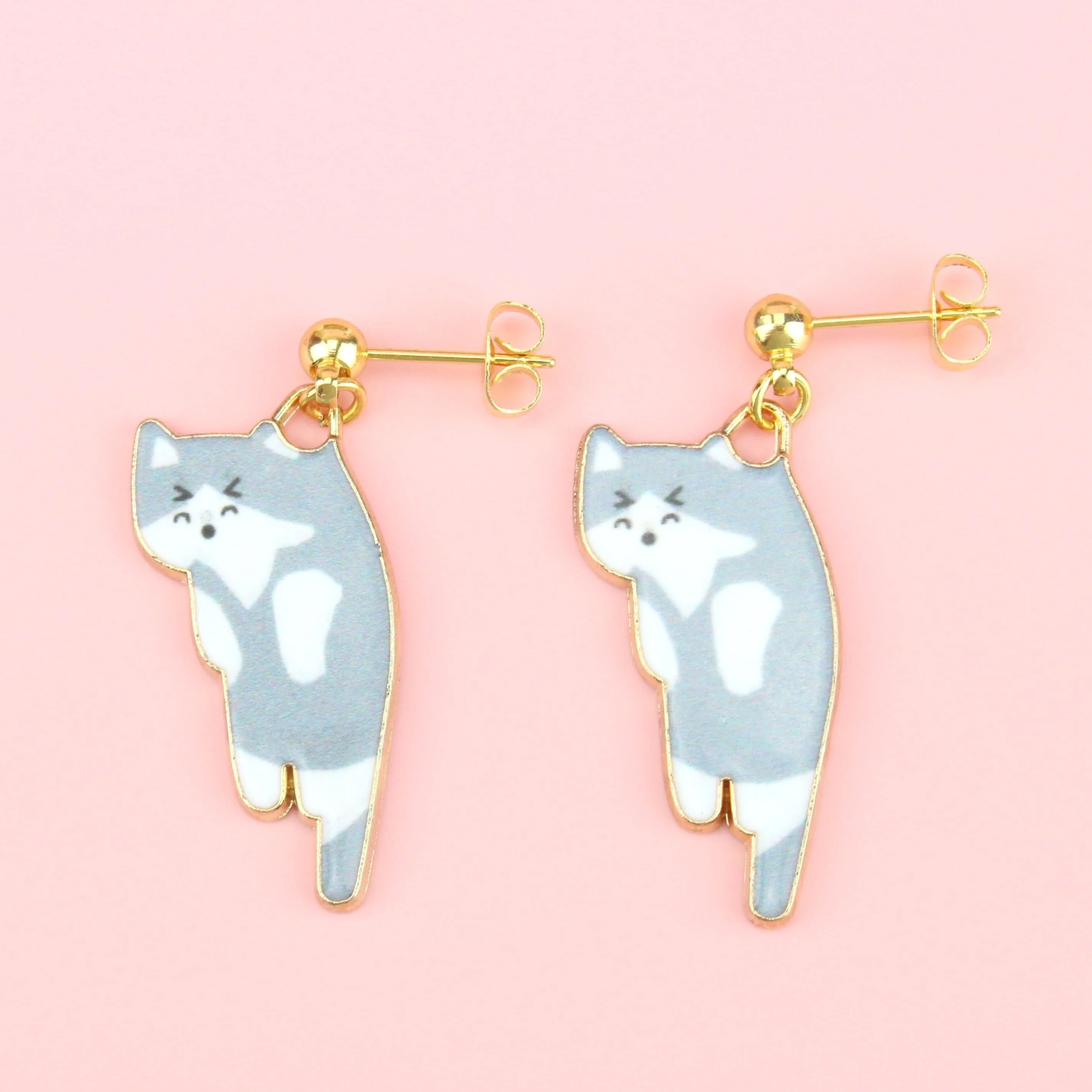 Grey & White Cat Stud Earrings (Gold Plated)