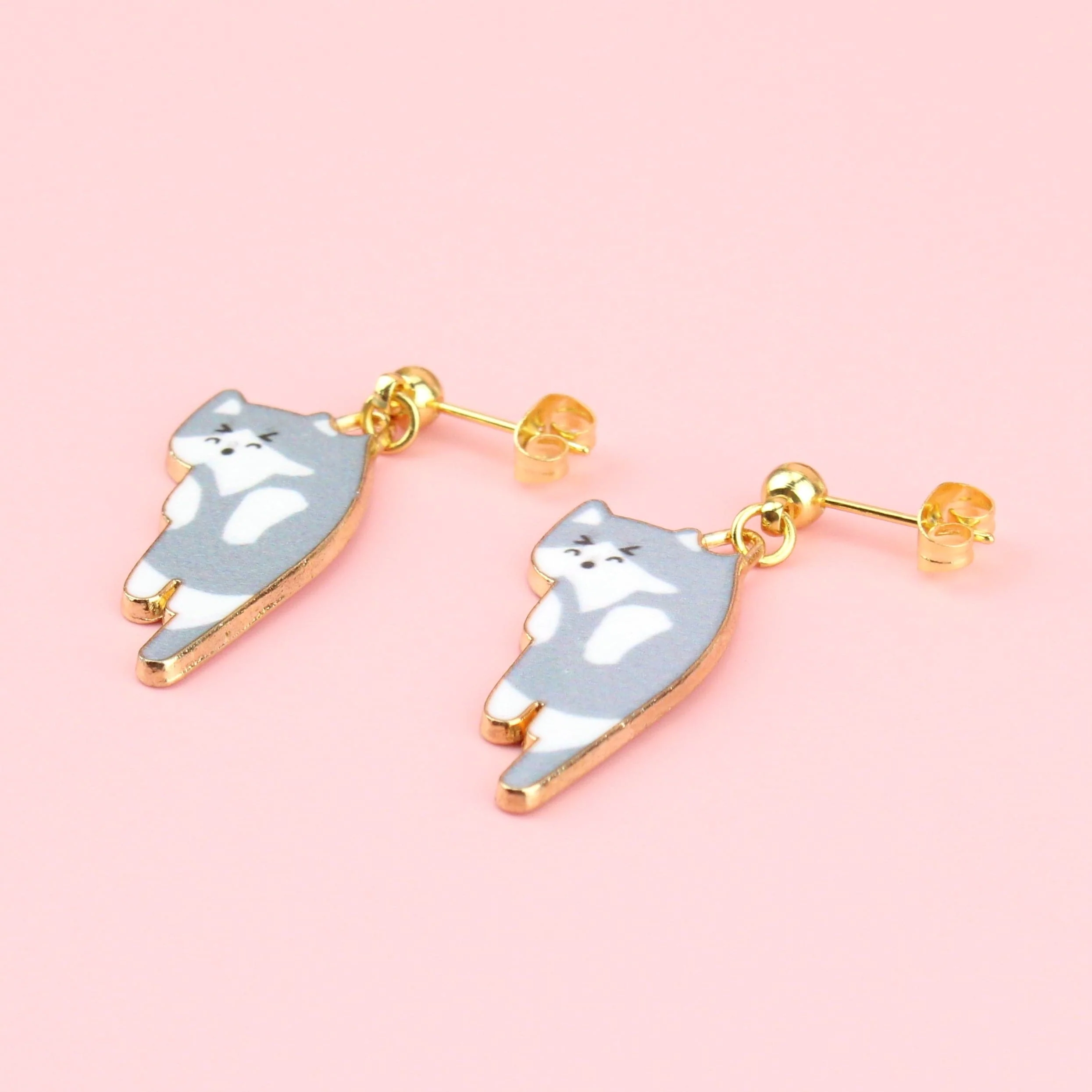 Grey & White Cat Stud Earrings (Gold Plated) - Image 2