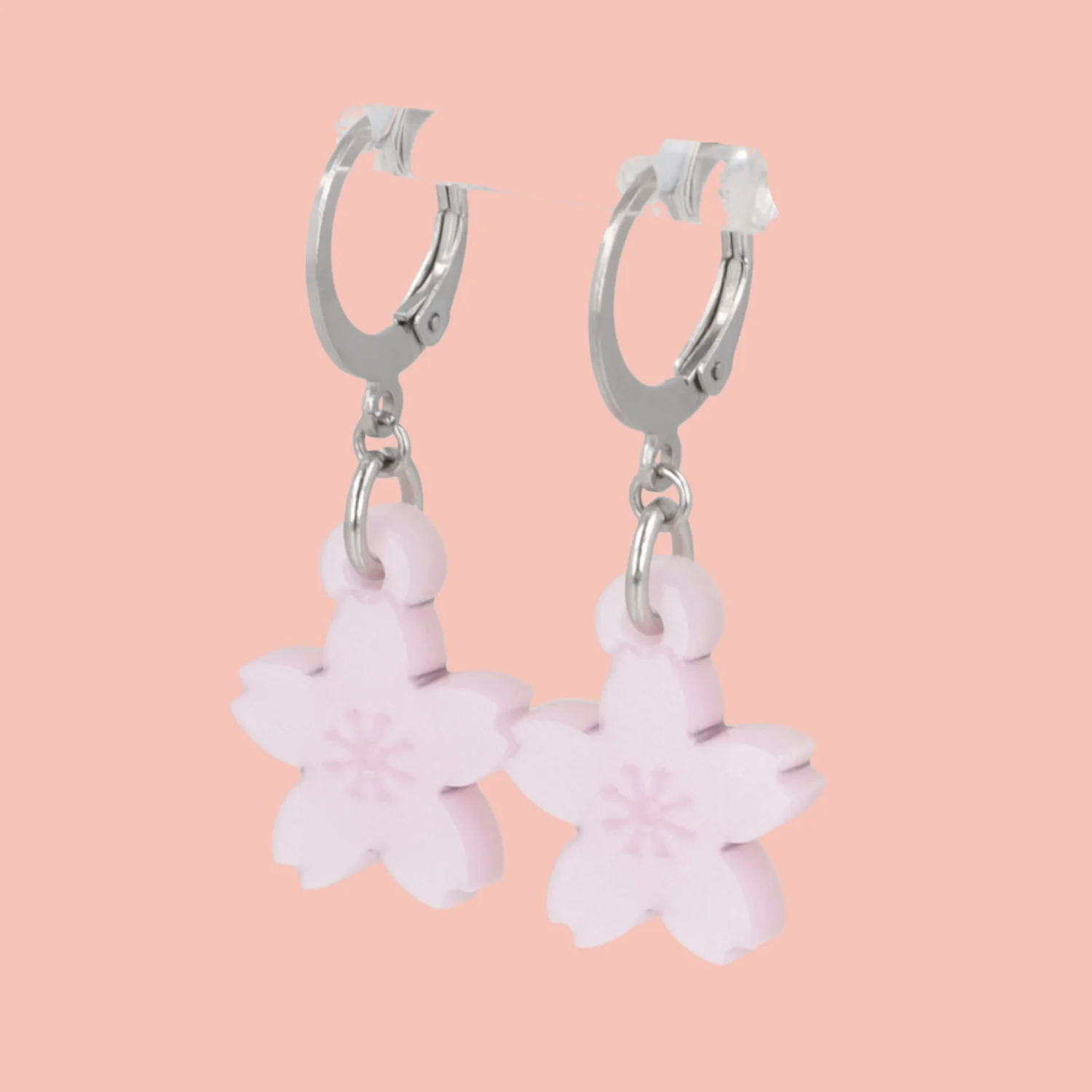 Light Pink Cherry Blossom Huggie Hoop Earrings - Image 4