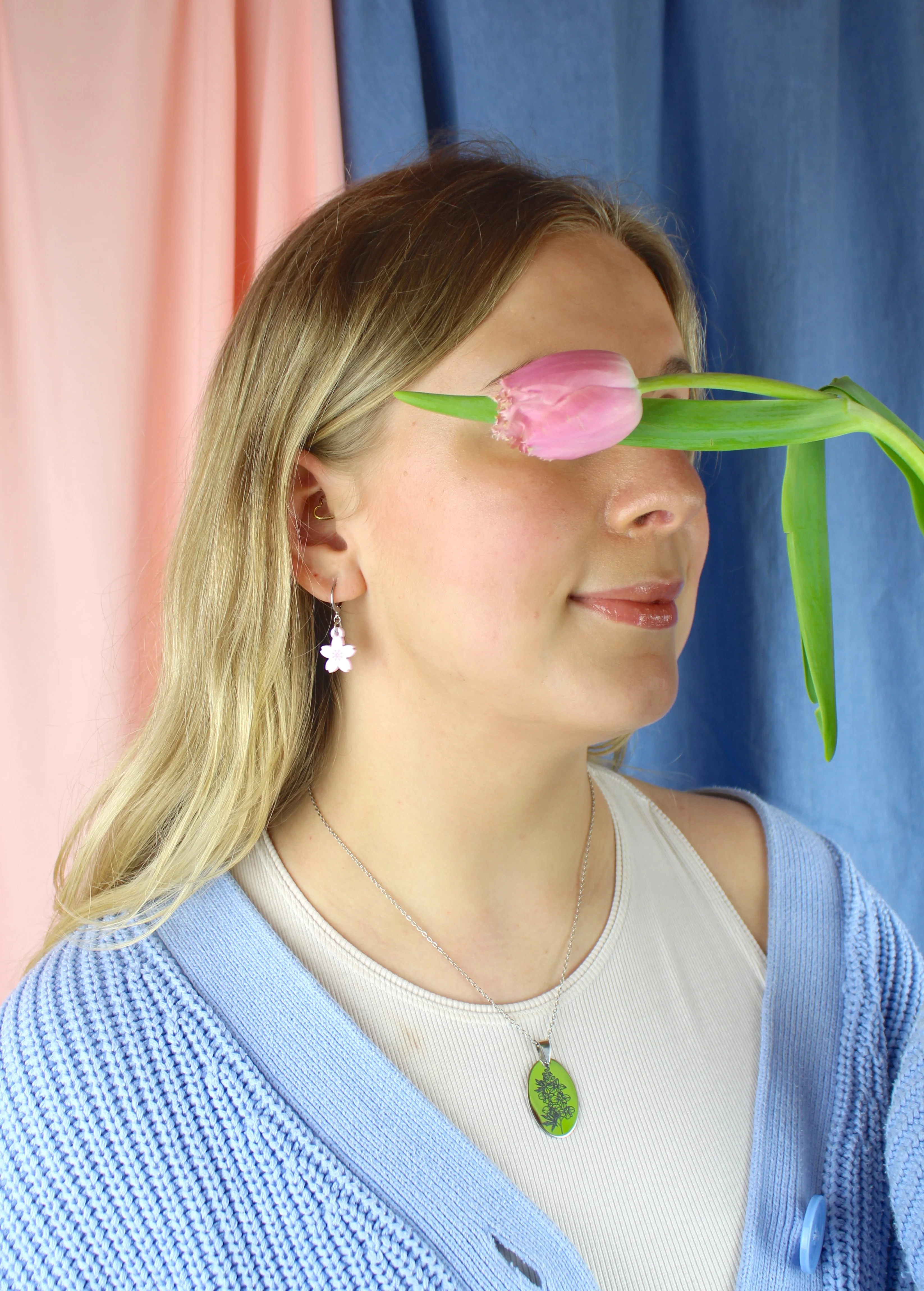 Light Pink Cherry Blossom Huggie Hoop Earrings - Image 5