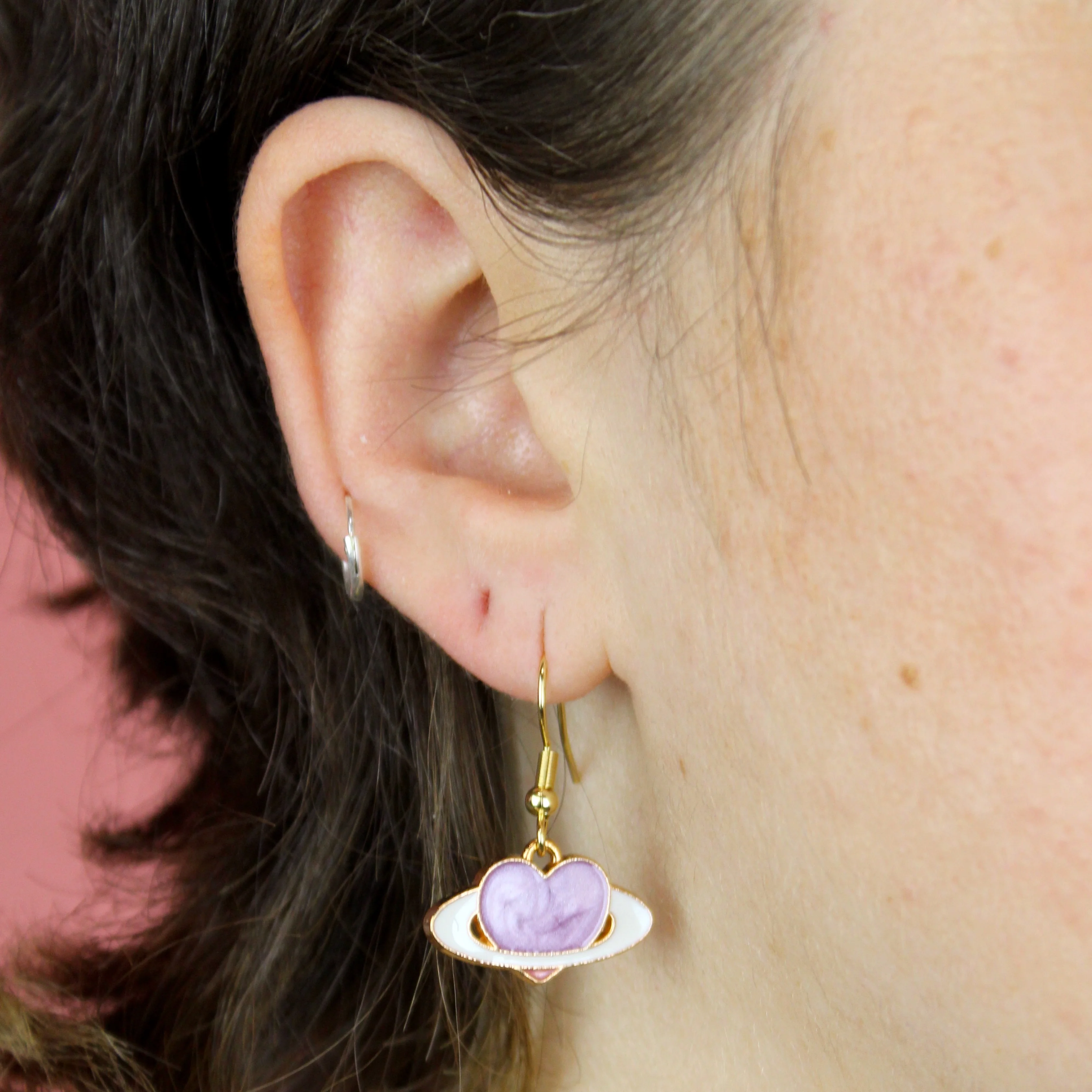 Lilac Heart Planet Drop Earrings - Image 3