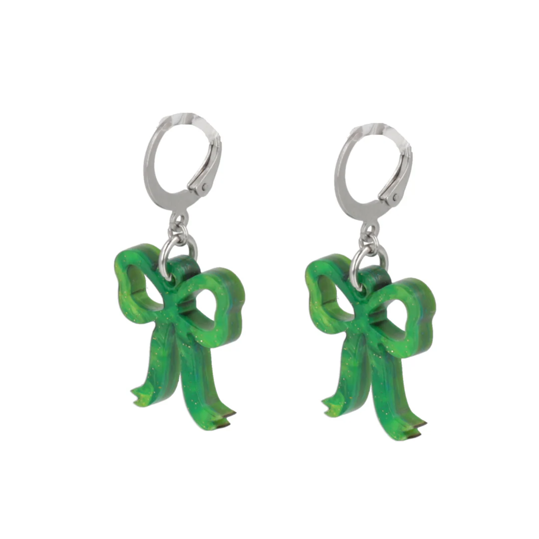 Mini Marble Green Bow Huggie Hoop Earrings - Image 6