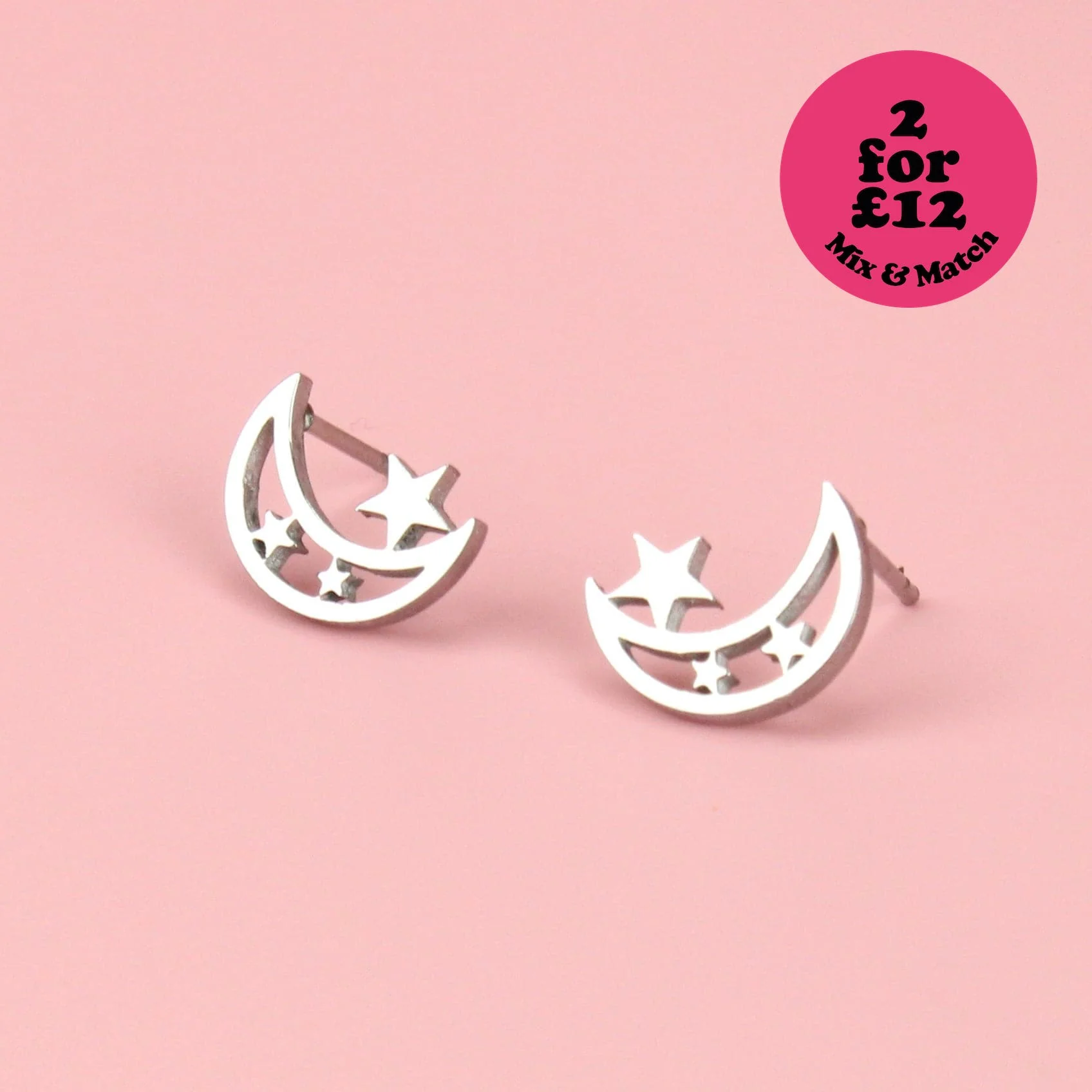 Moon & Three Star Stud Earrings