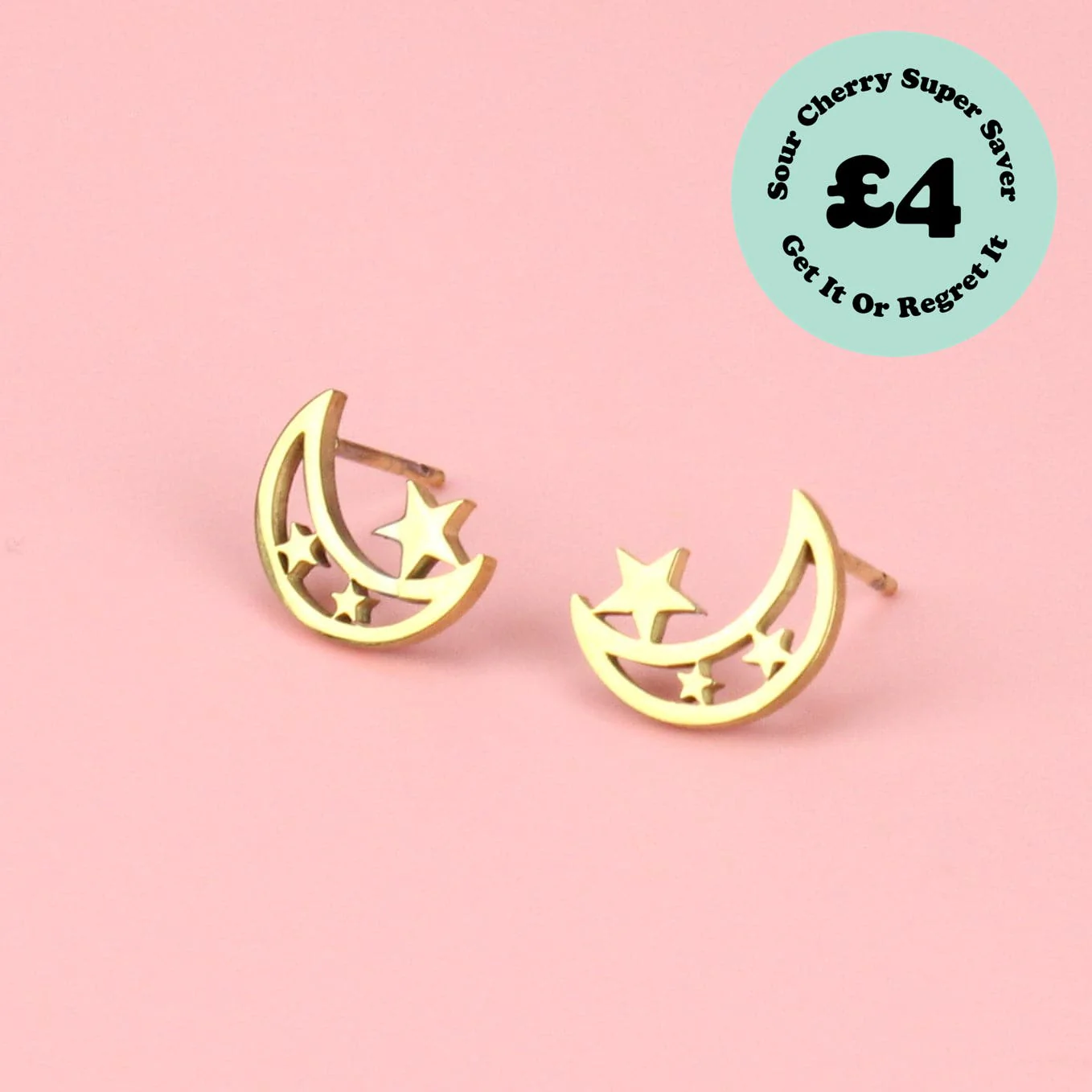 Moon & Three Star Stud Earrings (Gold Plated)