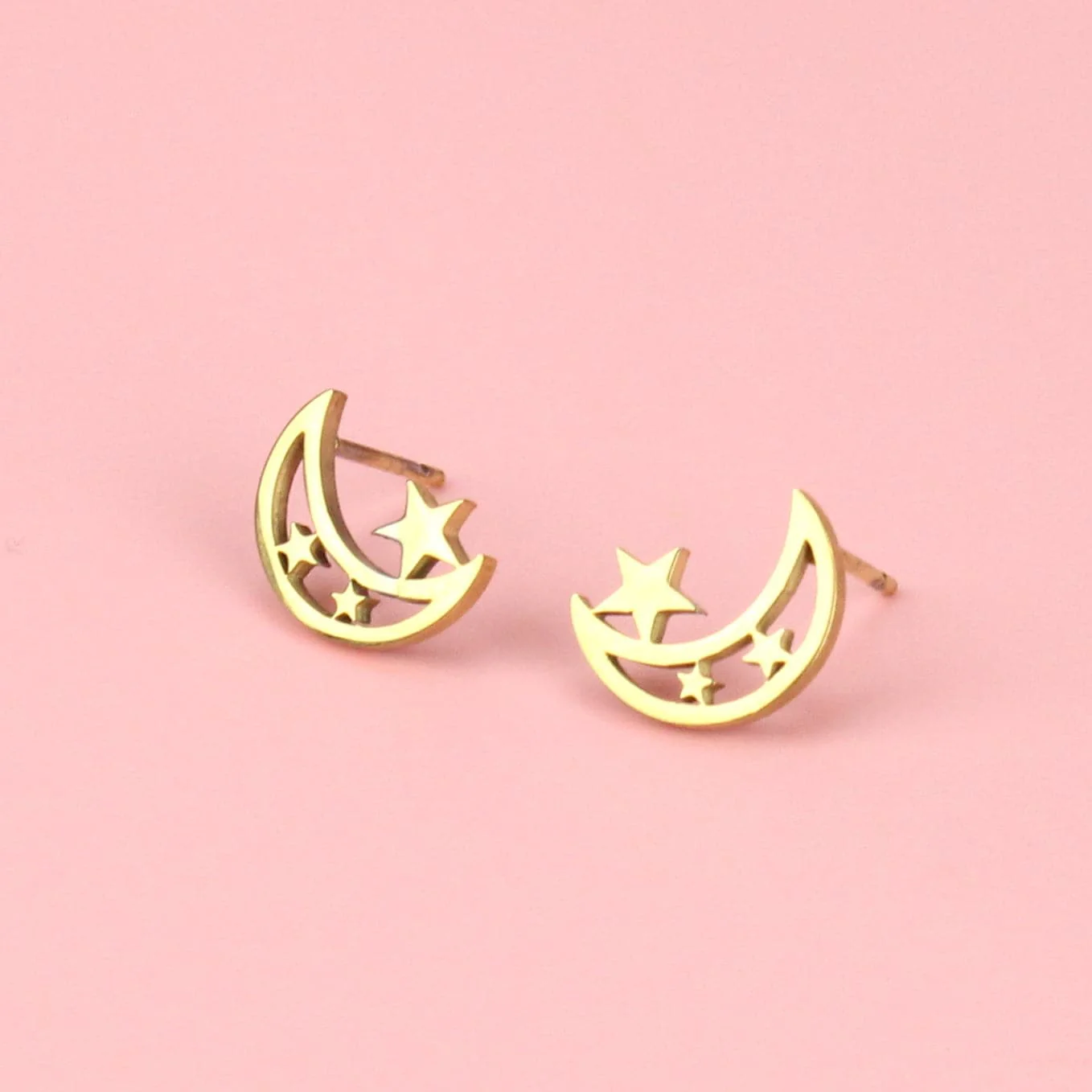 Moon & Three Star Stud Earrings (Gold Plated) - Image 2