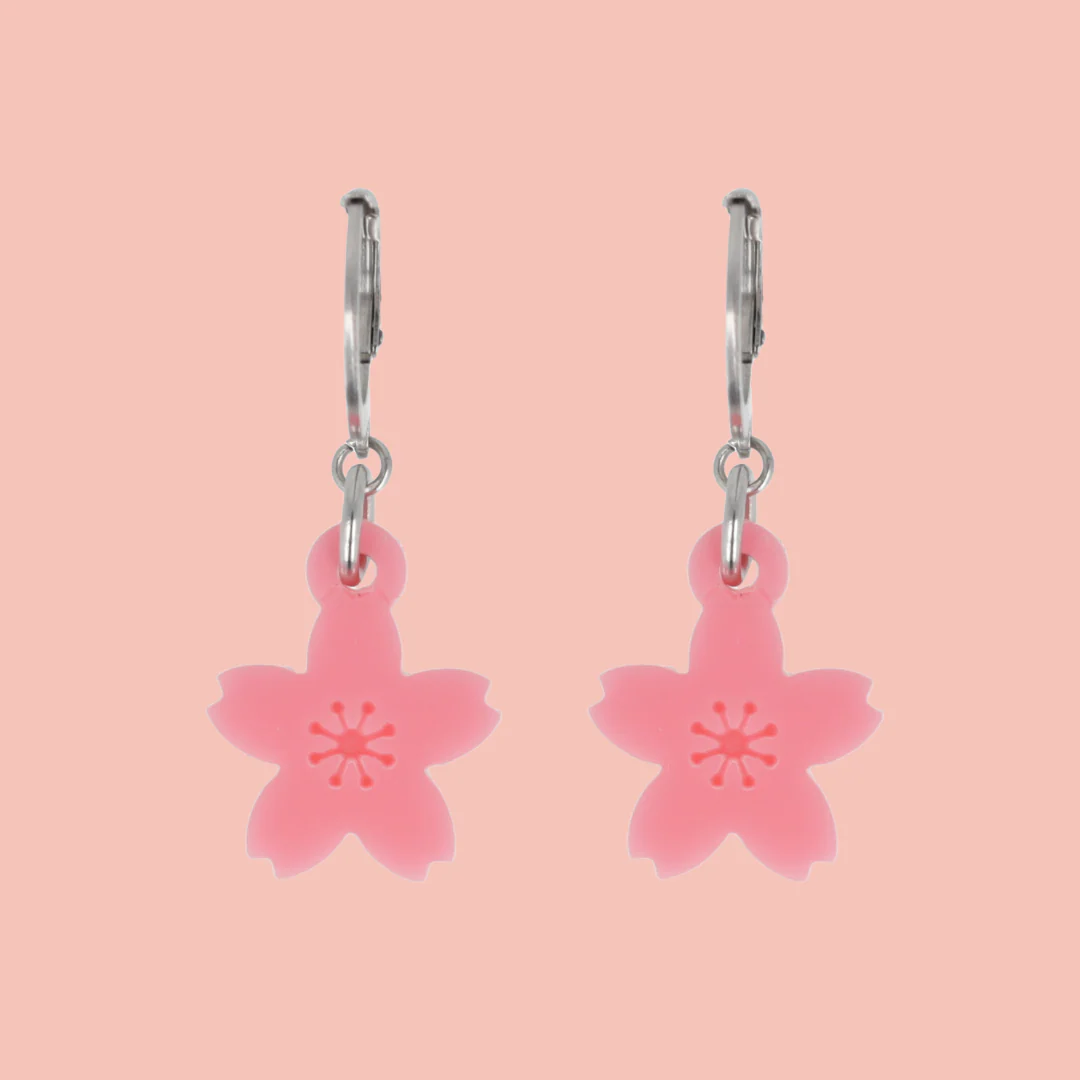 Pink Cherry Blossom Huggie Hoops Earrings - Image 2