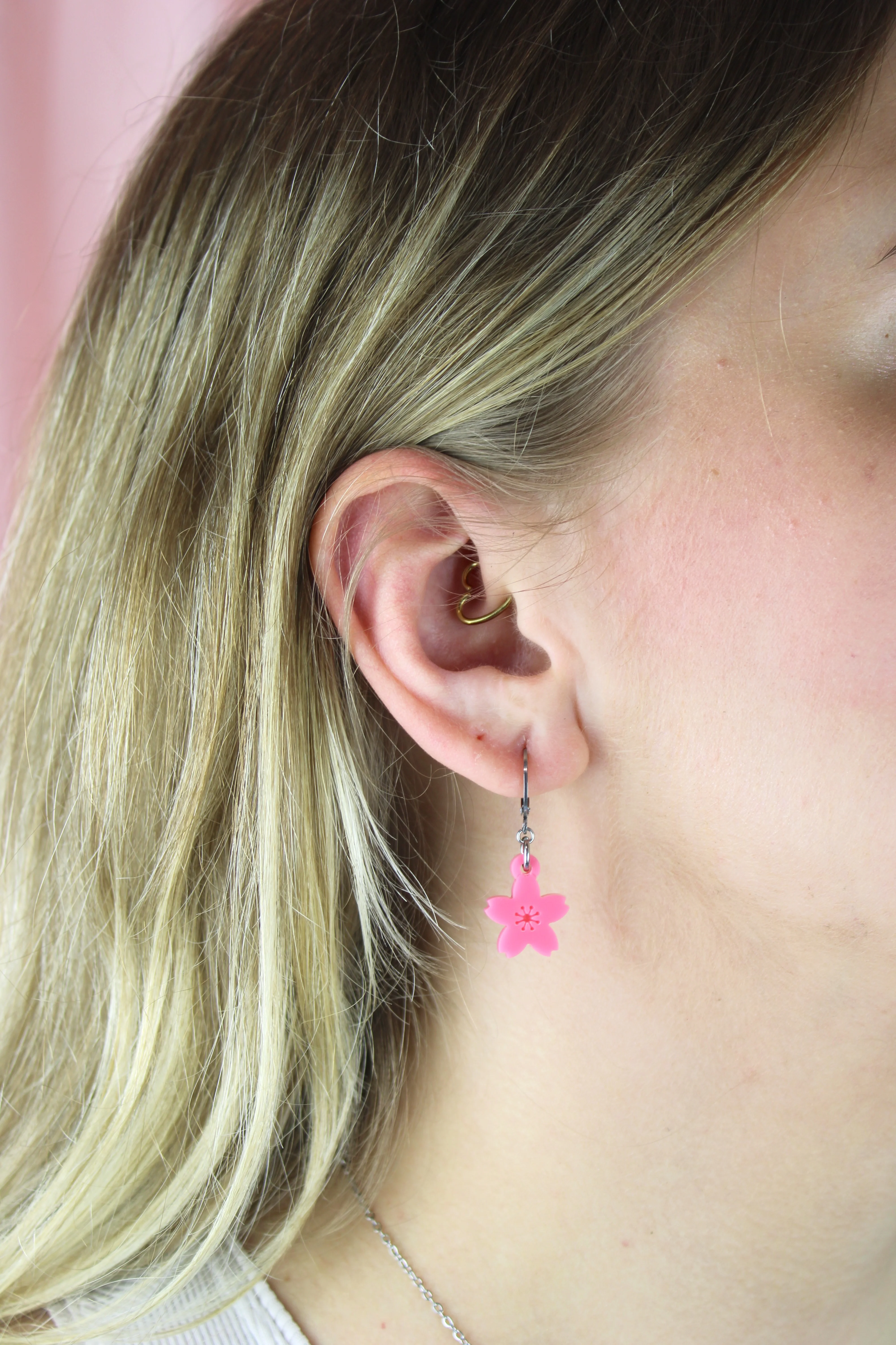 Pink Cherry Blossom Huggie Hoops Earrings - Image 5