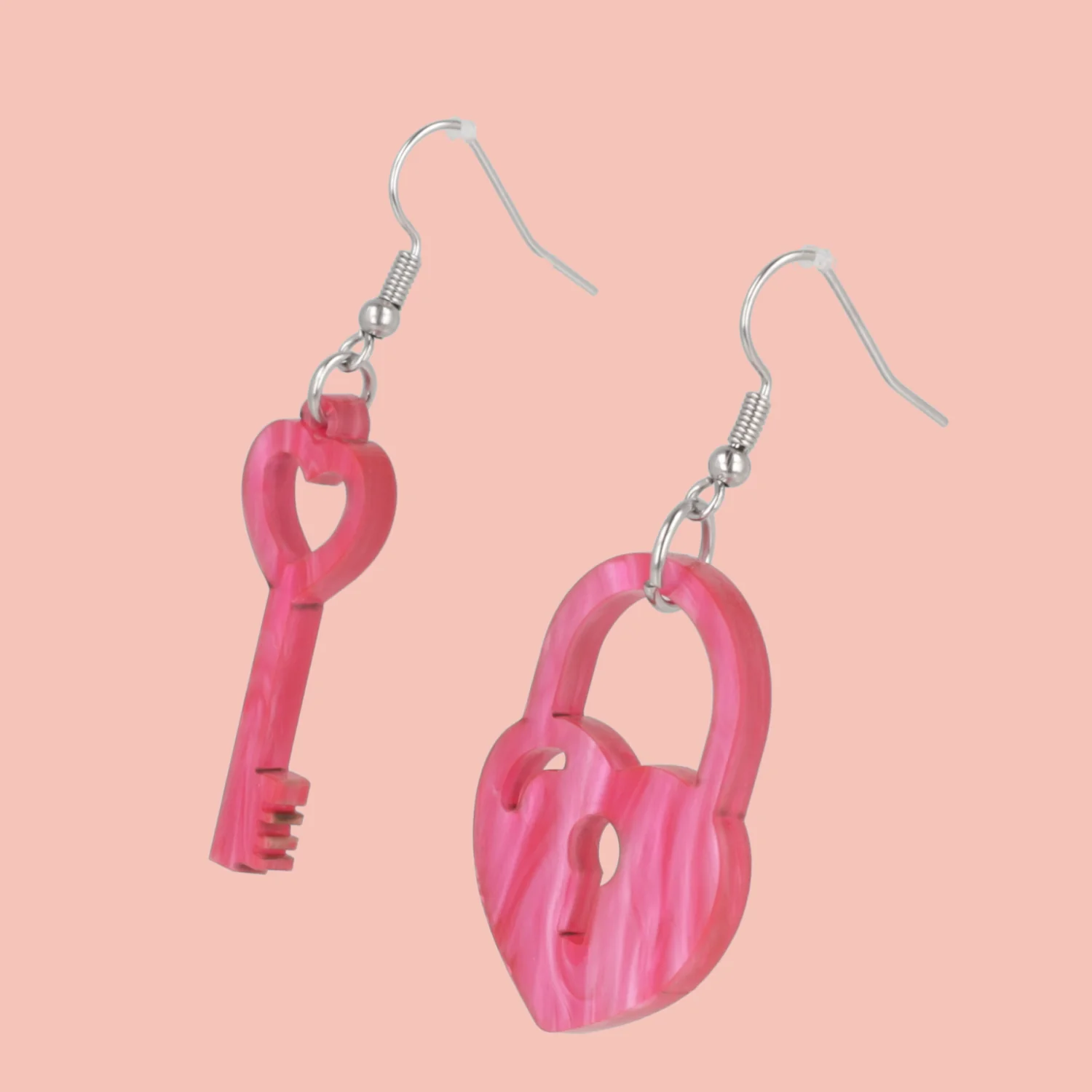Pink Marble Key To My Heart Earrings - Image 4