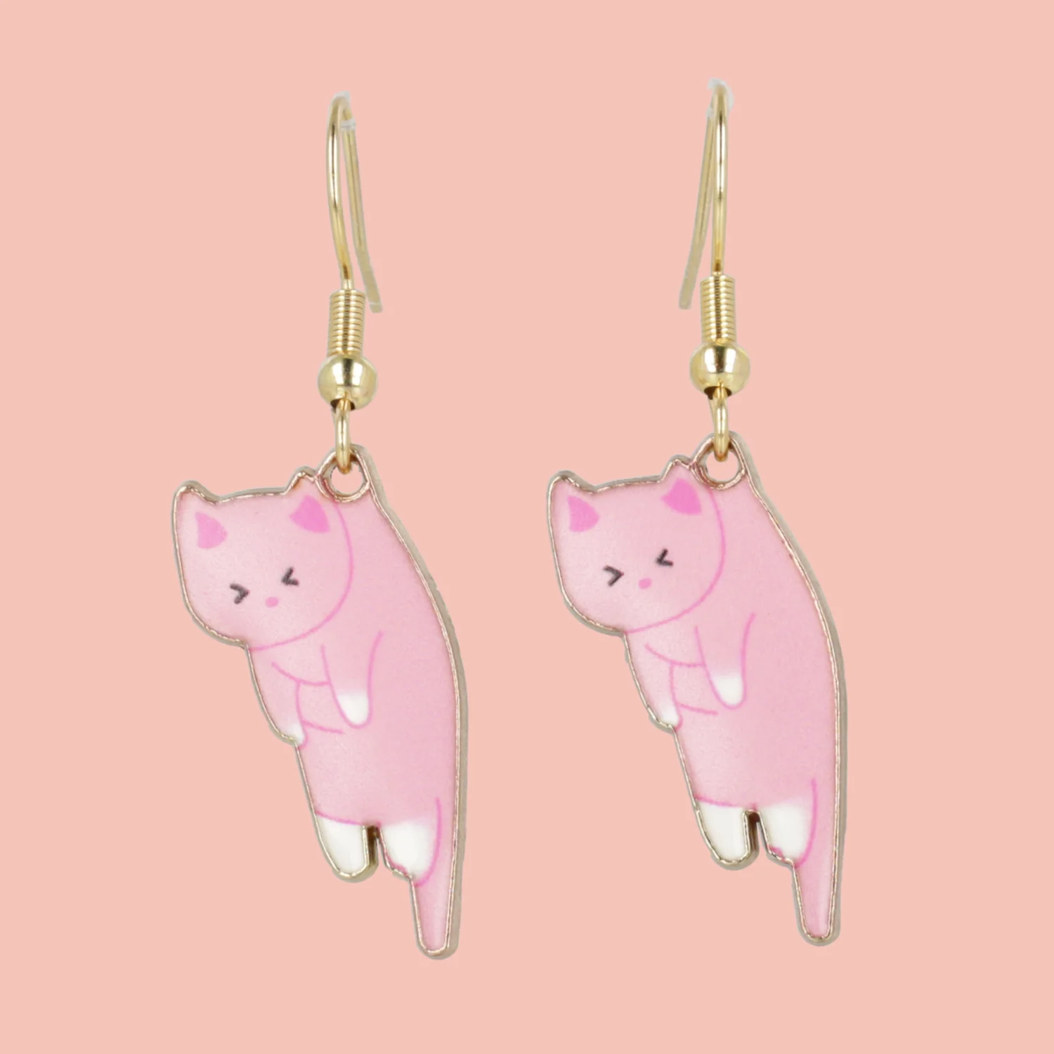 Pink & White Cat Earrings (Gold Plated)
