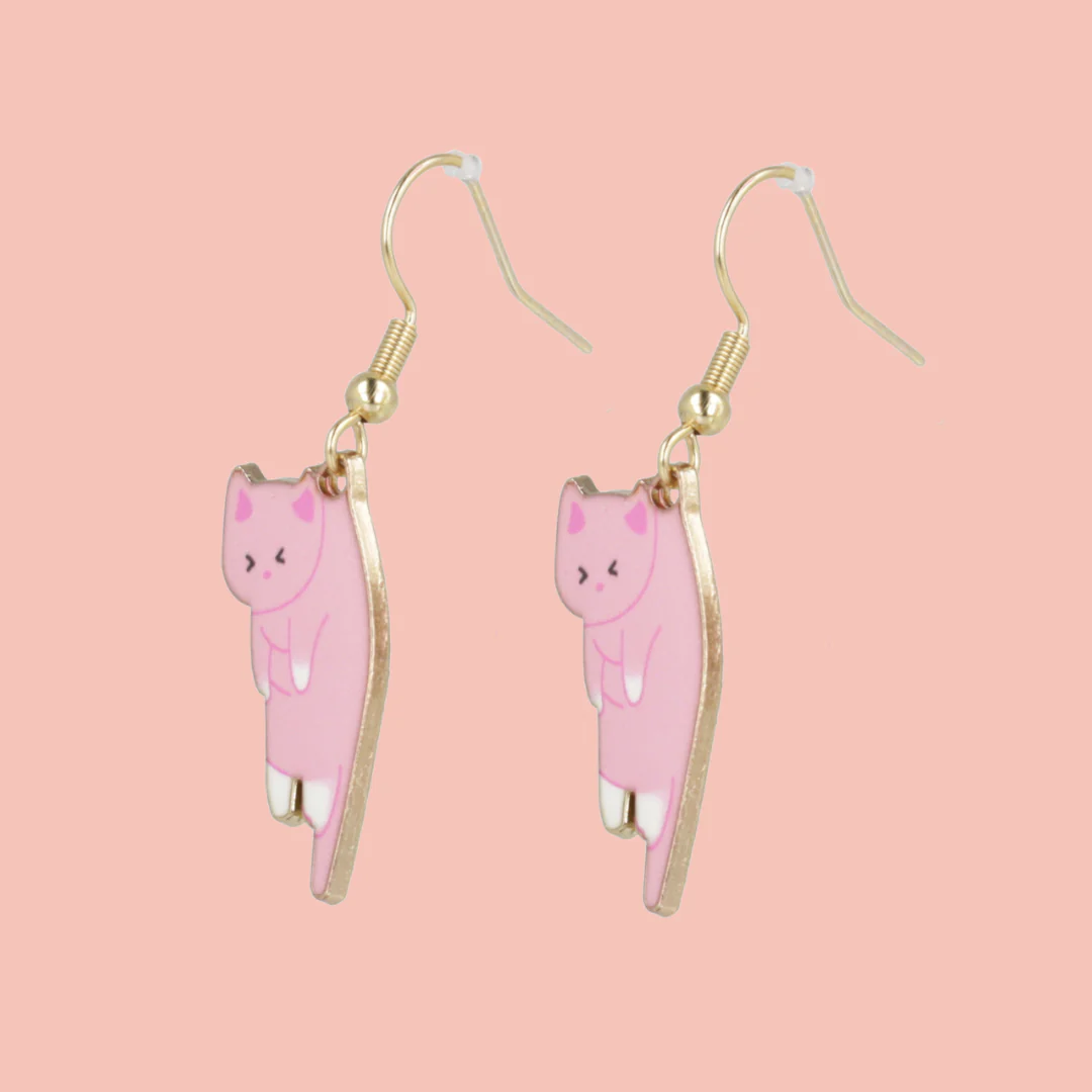 Pink & White Cat Earrings (Gold Plated) - Image 2