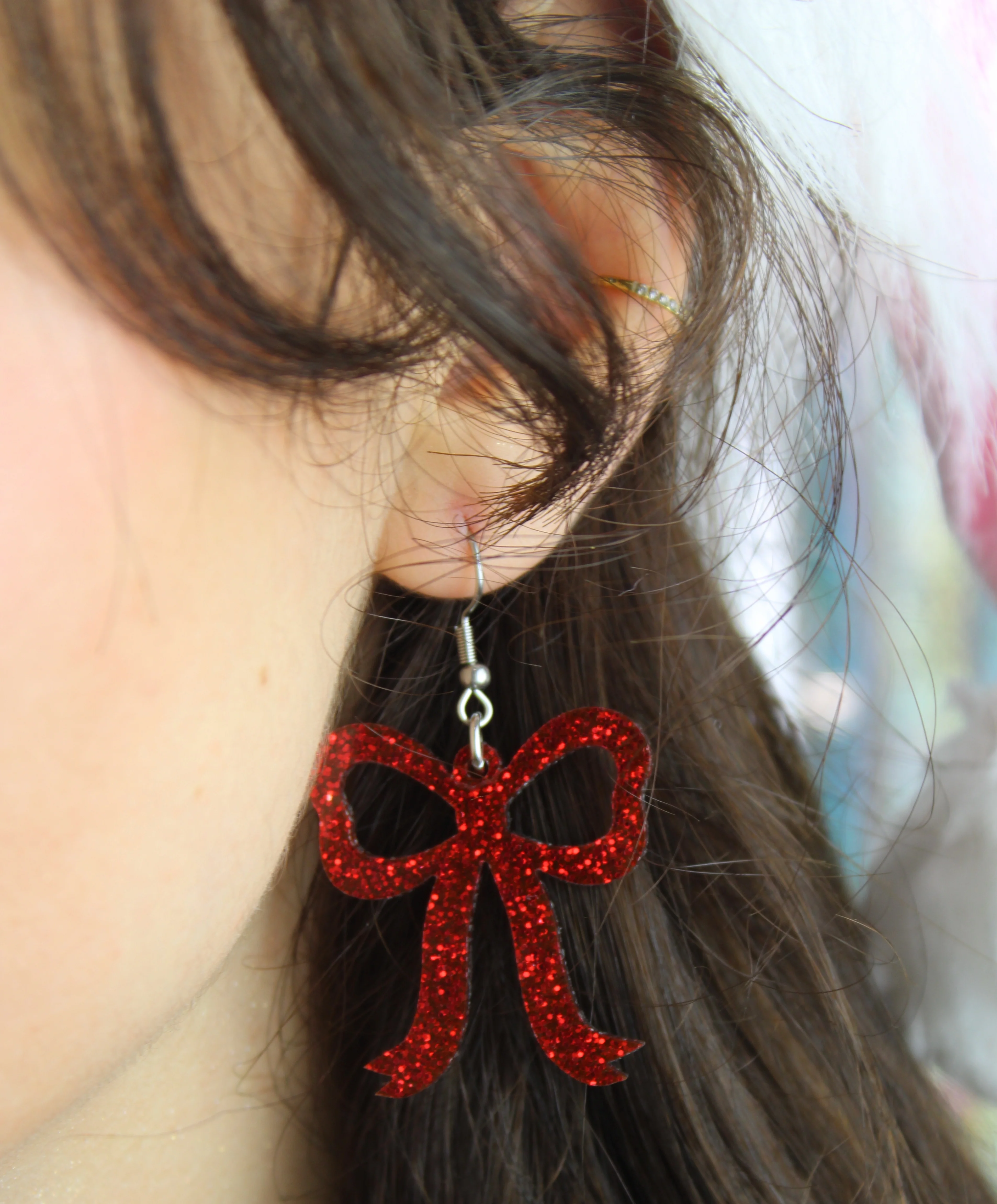 Red Glitter Bow Earrings - Image 3