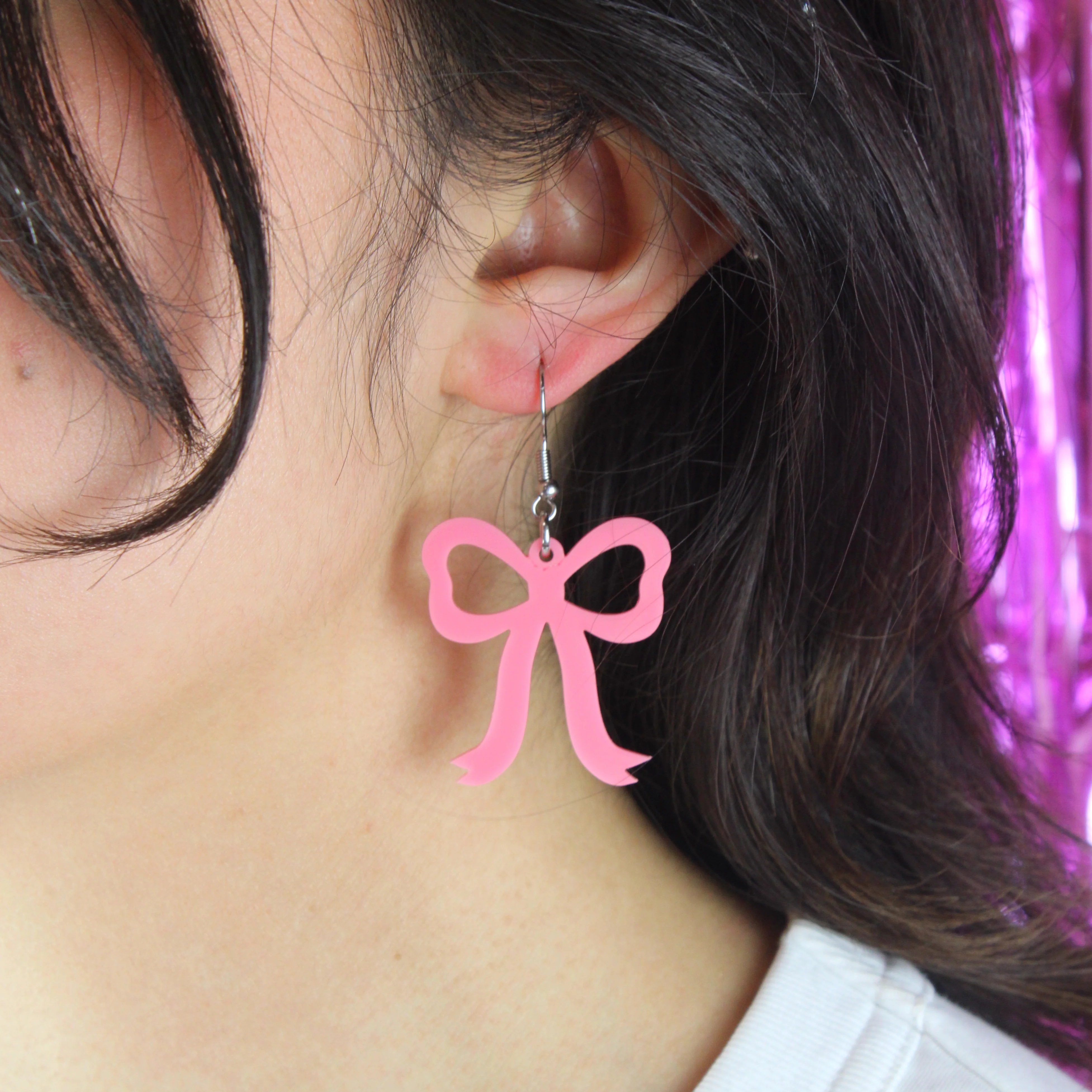 Rose Pink Bow Earrings - Image 5