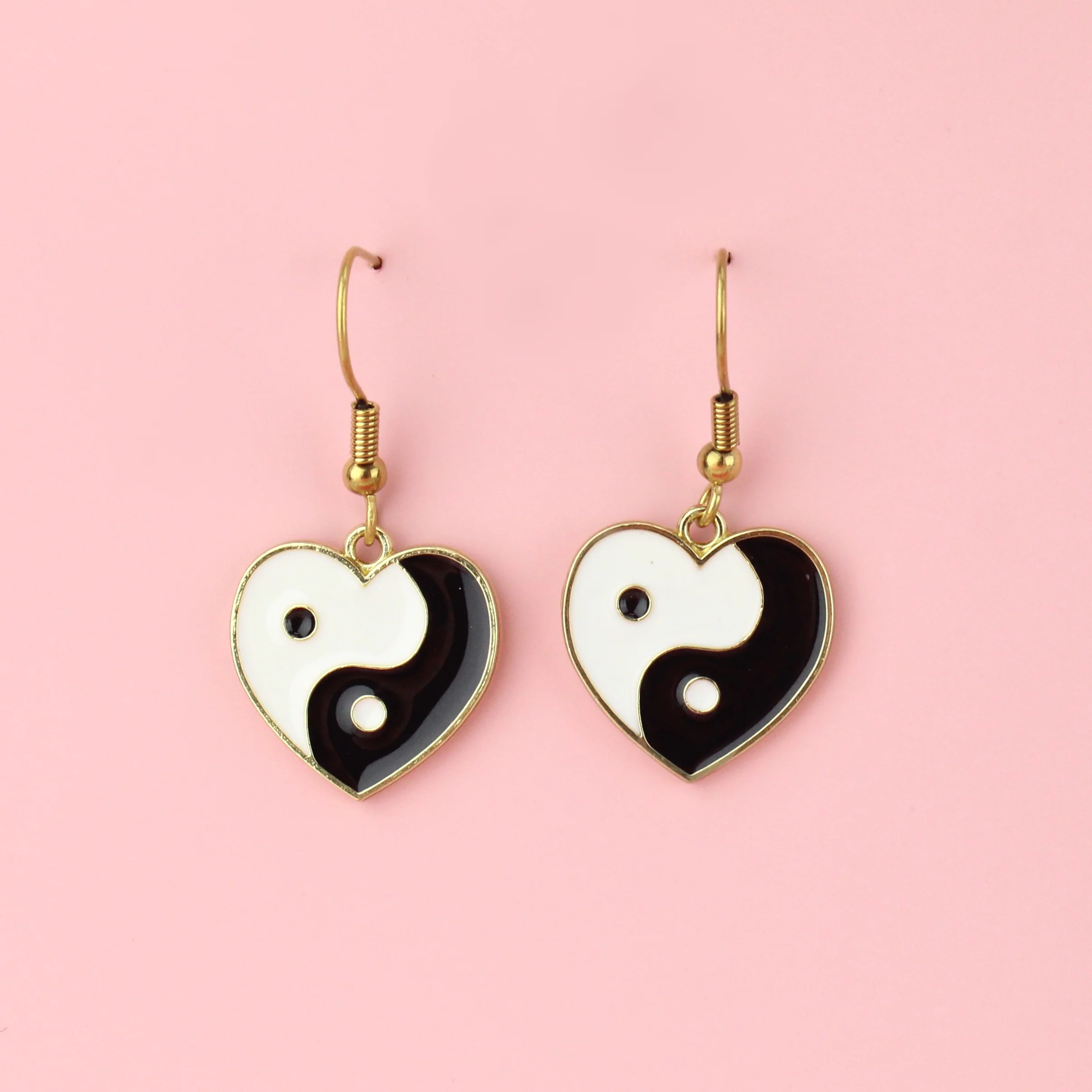 Yin Yang Black and White Heart Earrings - Image 2